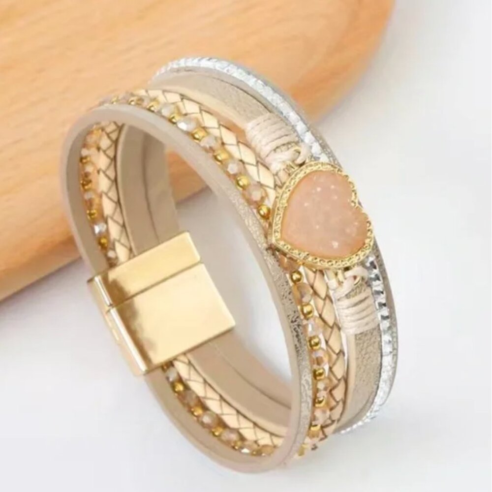 Leather Druzy Heart Wrap Bracelet in Rose
